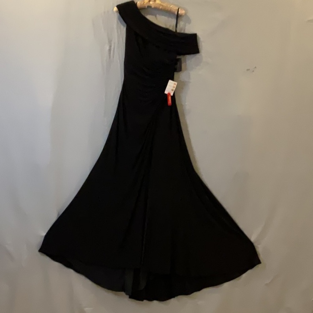Ieena for Mac Duggal -Navy Foldover Off the Shoulder Slit Gown - Picture 4 of 14
